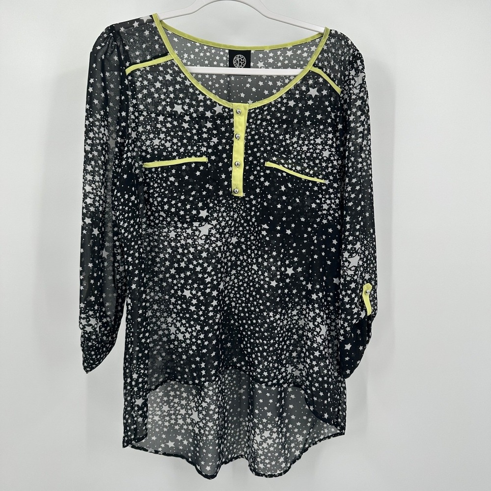 Womens Whimsigoth Celestial Top Size M Sheer Edgy Eclectic Galaxy Neon Trim